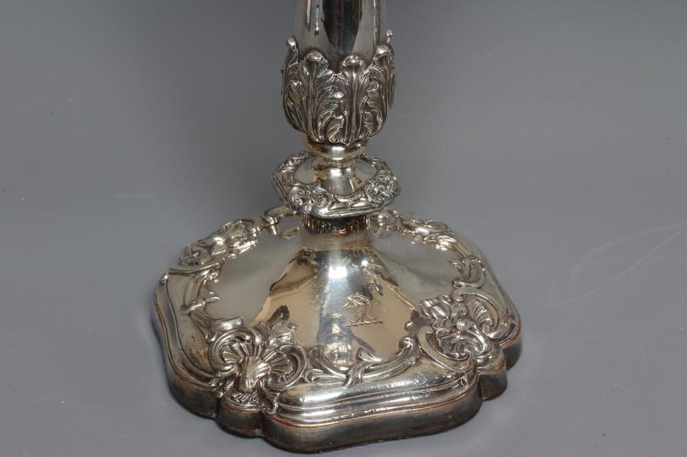 A LARGE PAIR OF VICTORIAN OLD SHEFFIELD PLATE FOUR BRANCH FIVE LIGHT CANDELABRA Image