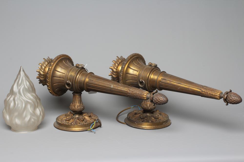 A PAIR OF GILT METAL TORCH WALL LIGHTS Image