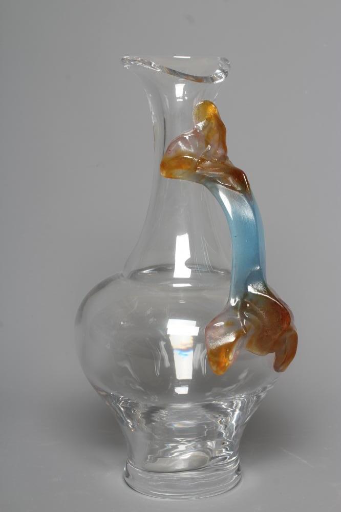 A DAUM GLASS CARAFE, modern, of baluster form with trefoil lip and applied blue and amber leaf Image