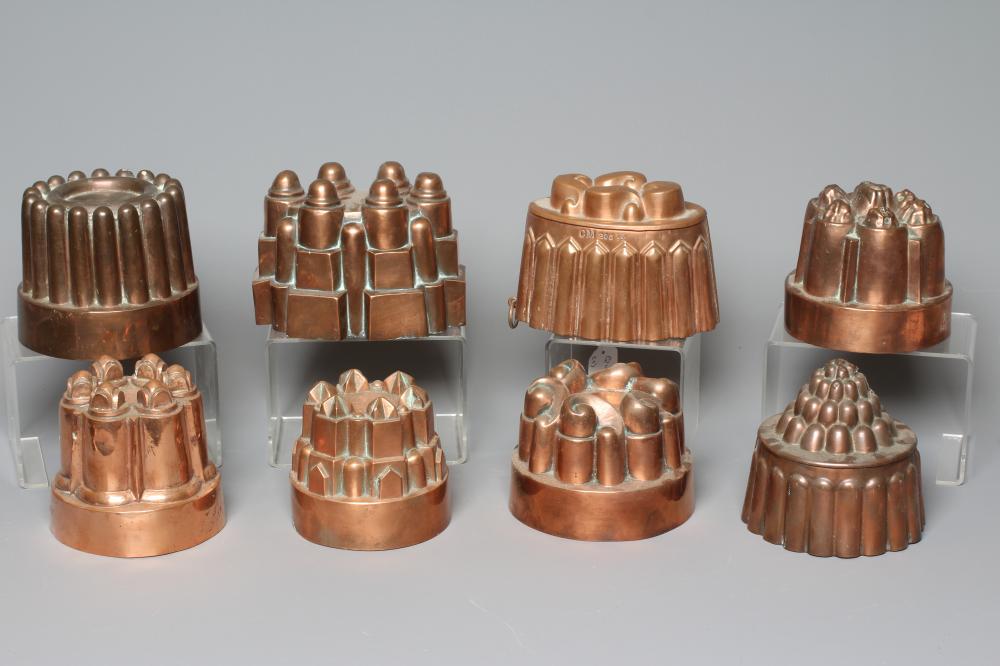EIGHT VICTORIAN COPPER JELLY MOULDS comprising six circular examples Image