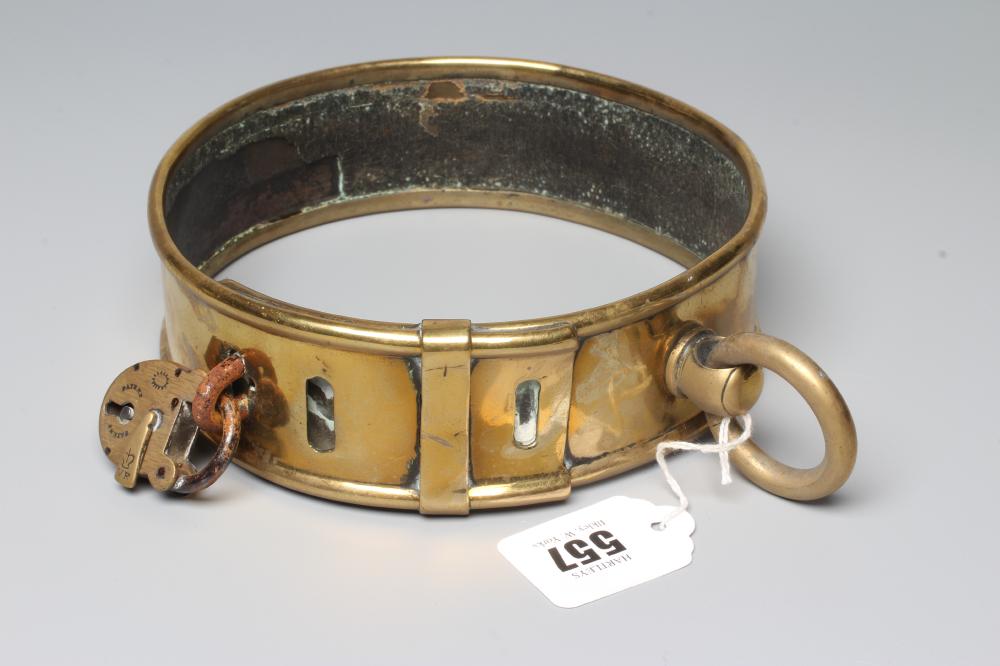 A LARGE 19TH CENTURY BRASS DOG COLLAR, un-named, plain circular with swivel loop and Victorian brass Image