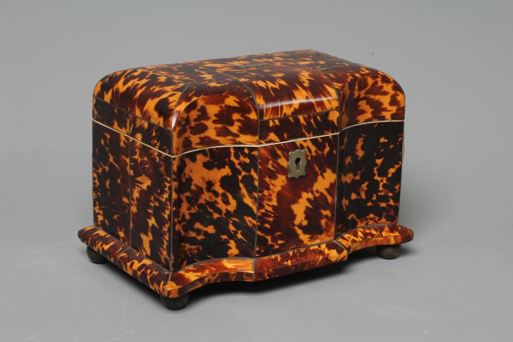 A REGENCY TORTOISESHELL SERPENTINE TEA CADDY with wire stringing and metal escutcheon and vacant Image