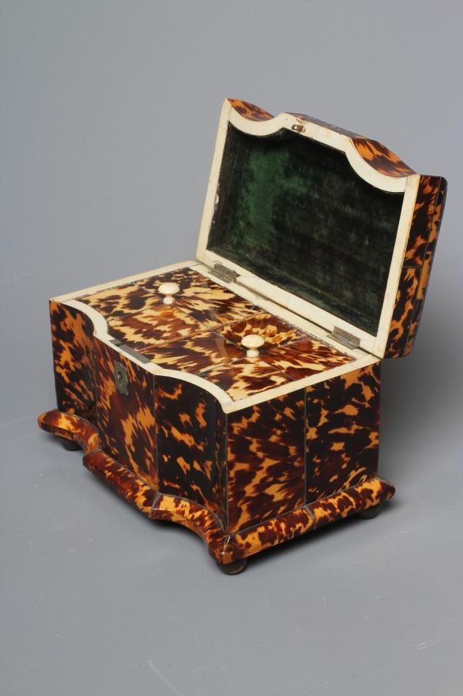 A REGENCY TORTOISESHELL SERPENTINE TEA CADDY with wire stringing and metal escutcheon and vacant Image