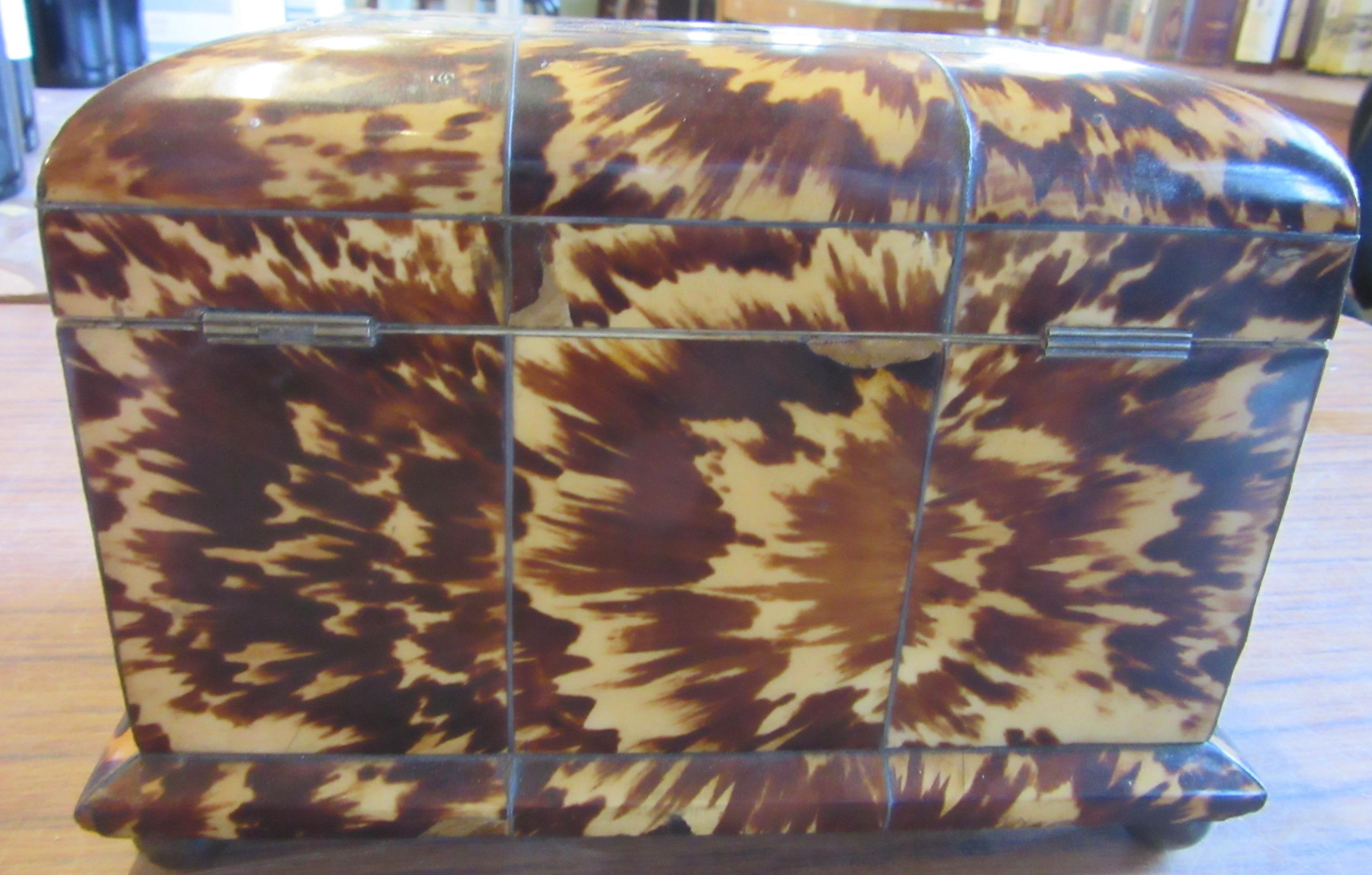 A REGENCY TORTOISESHELL SERPENTINE TEA CADDY with wire stringing and metal escutcheon and vacant Image