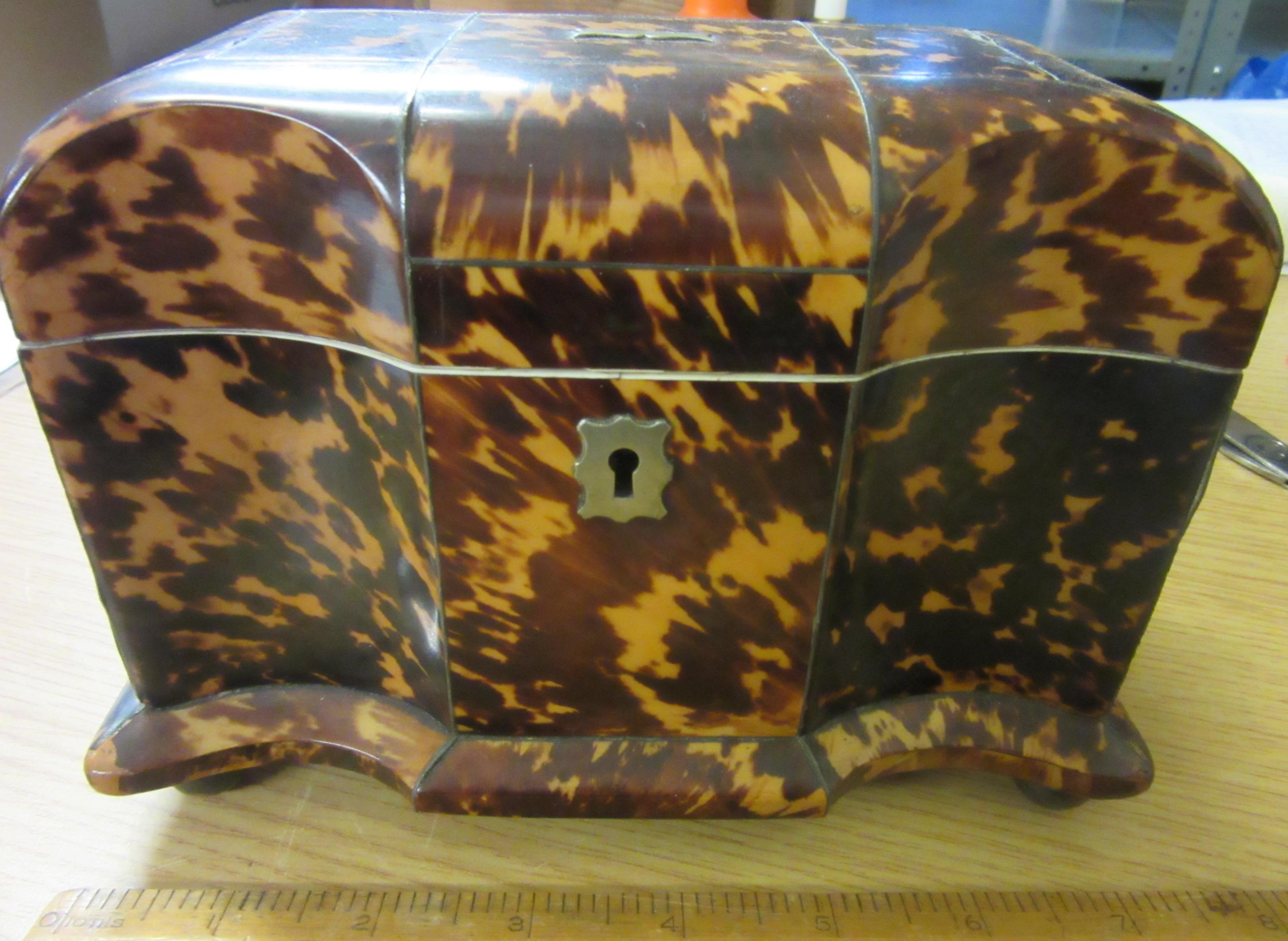 A REGENCY TORTOISESHELL SERPENTINE TEA CADDY with wire stringing and metal escutcheon and vacant Image
