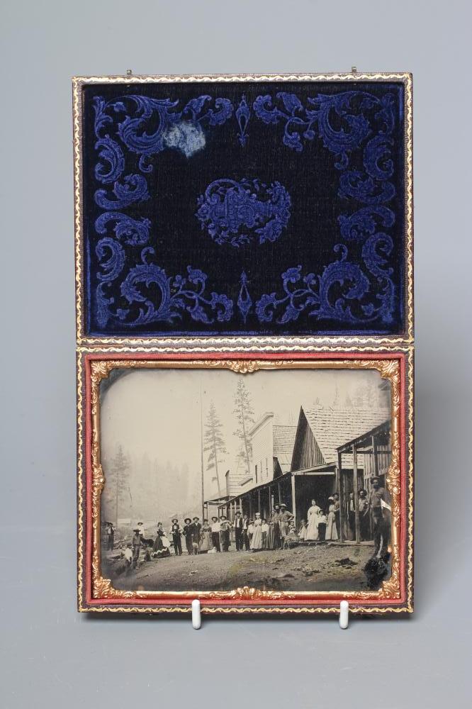 A 19TH CENTURY AMERICAN AMBROTYPE OF DOWNIEVILLE, CALIFORNIA in a gilt tooled dark brown Image