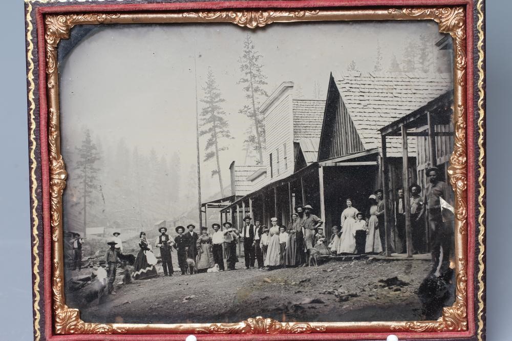 A 19TH CENTURY AMERICAN AMBROTYPE OF DOWNIEVILLE, CALIFORNIA in a gilt tooled dark brown Image