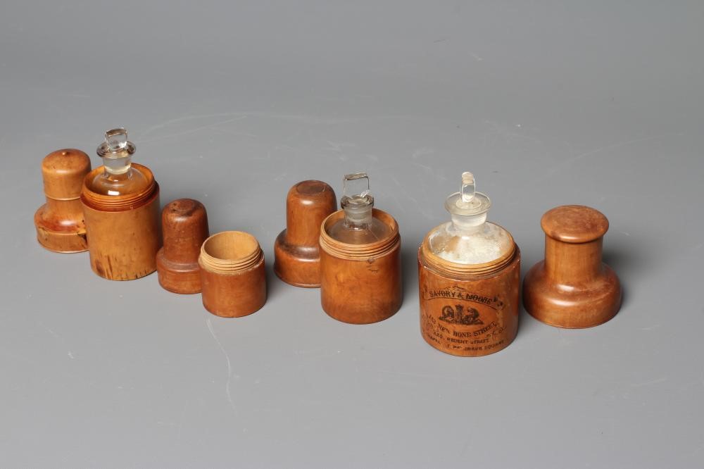 SEVEN VICTORIAN BOXWOOD APOTHECARY TRAVEL CASES Image