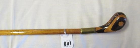 AN EARLY 20TH CENTURY MARQUETRY INLAID PISTOL GRIP WALKING STICK Image