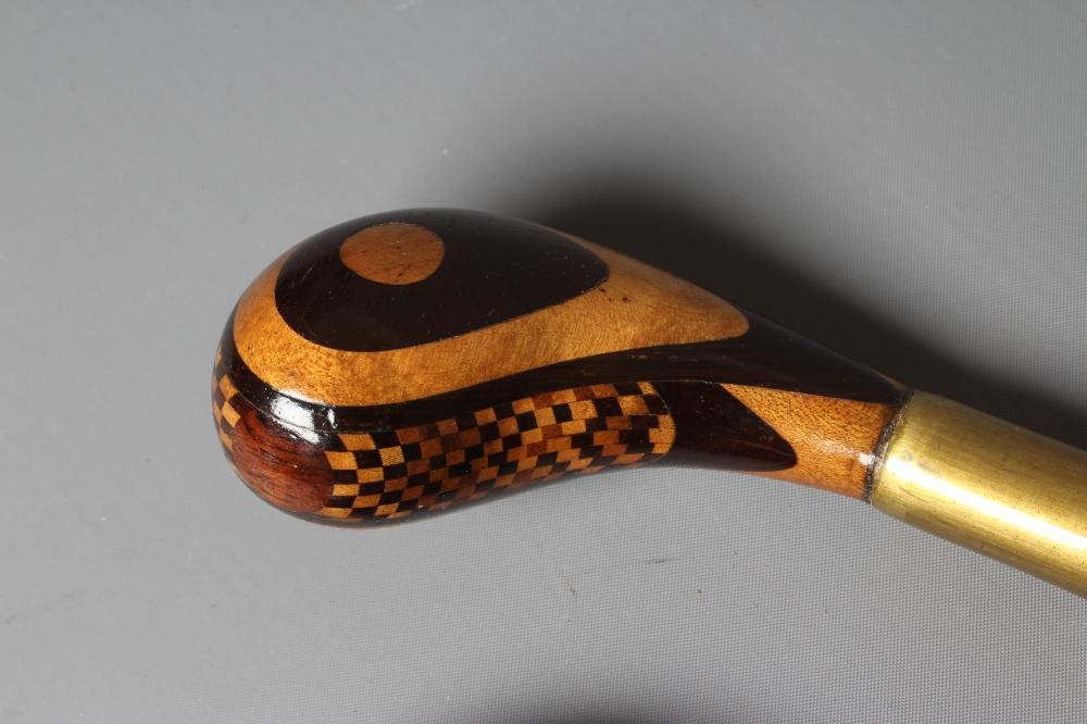 AN EARLY 20TH CENTURY MARQUETRY INLAID PISTOL GRIP WALKING STICK Image