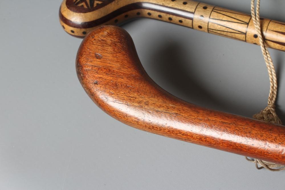 AN EARLY 20TH CENTURY MARQUETRY INLAID PISTOL GRIP WALKING STICK Image