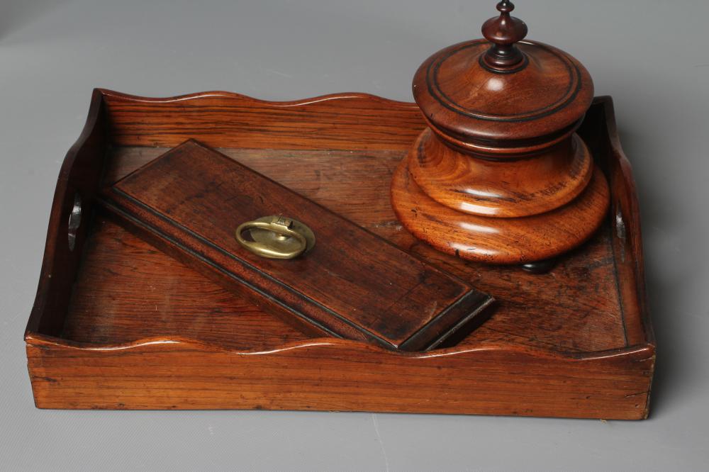 A COLLECTION OF 19TH CENTURY ROSEWOOD TREEN comprising a tray with shaped gallery edge Image