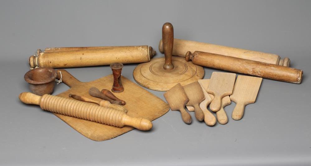 A COLLECTION OF VICTORIAN KITCHENALIA, comprising of a chopping board, six butter pats, butter Image