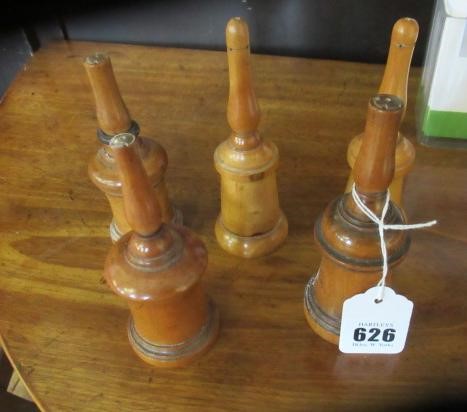 FIVE 19TH CENTURY TREEN GLOVE POWDERERS, all of three sections, two with one hole and three with Image