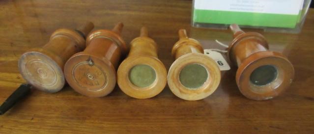 FIVE 19TH CENTURY TREEN GLOVE POWDERERS, all of three sections, two with one hole and three with Image