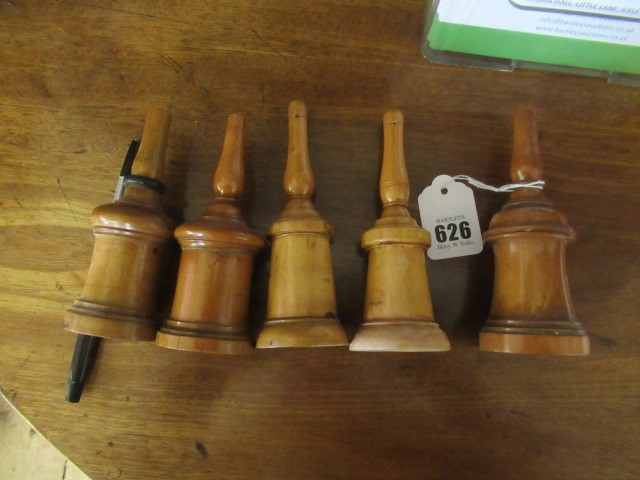 FIVE 19TH CENTURY TREEN GLOVE POWDERERS, all of three sections, two with one hole and three with Image