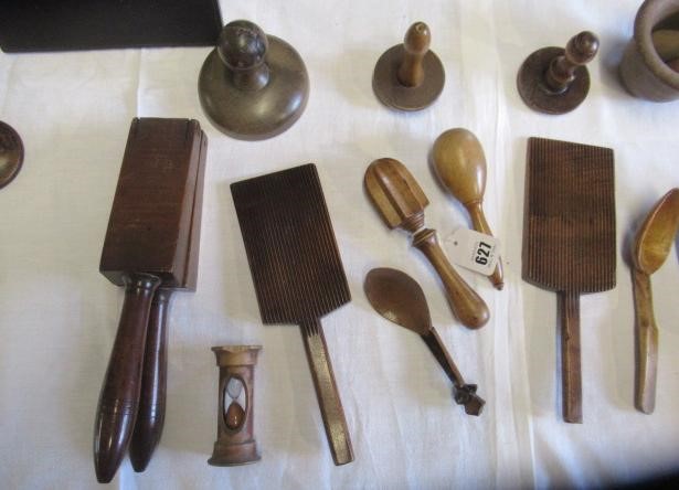 A COLLECTION OF 19TH CENTURY TREEN KITCHENALIA, comprising of a butter spoon, lemon squeezer, butter Image