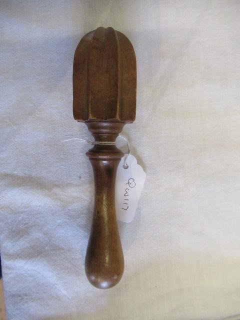 A COLLECTION OF 19TH CENTURY TREEN KITCHENALIA, comprising of a butter spoon, lemon squeezer, butter Image