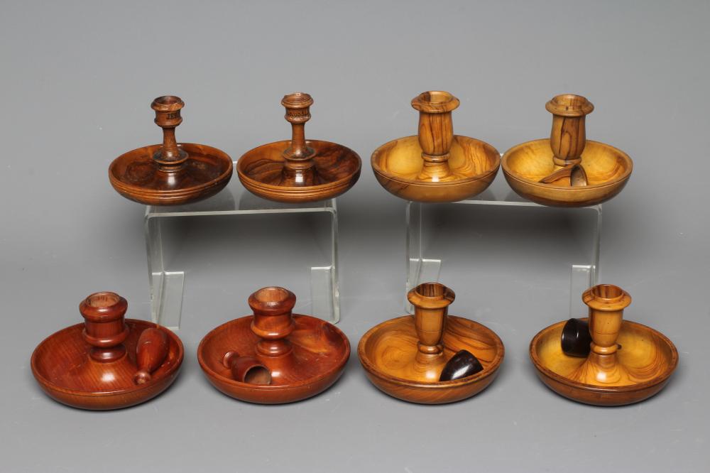 FOUR 19TH CENTURY TREEN BUN FORM TRAVELLING CANDLESTICKS Image
