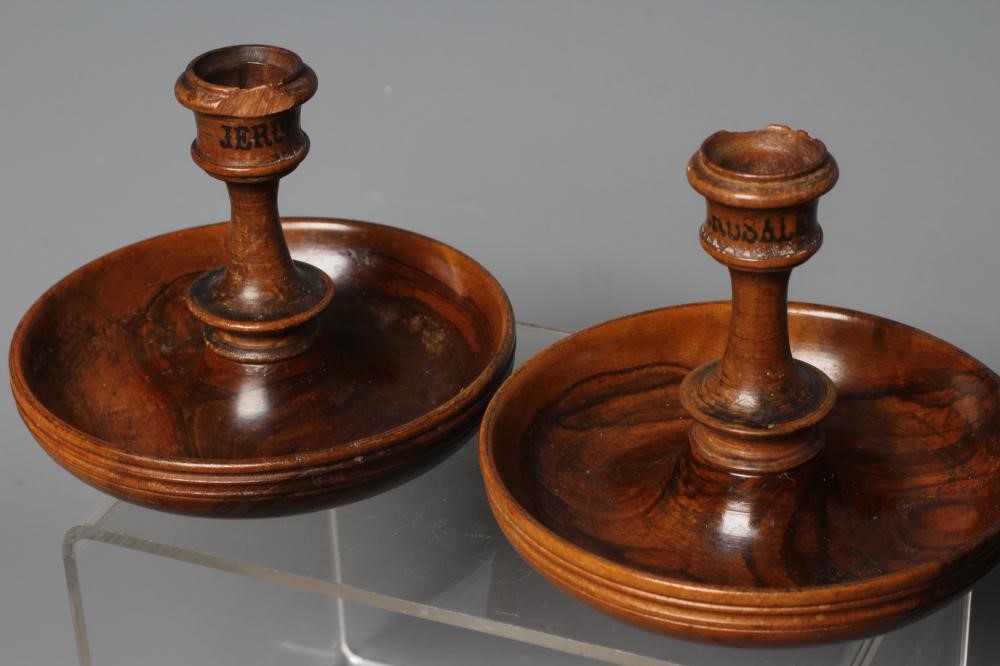 FOUR 19TH CENTURY TREEN BUN FORM TRAVELLING CANDLESTICKS Image