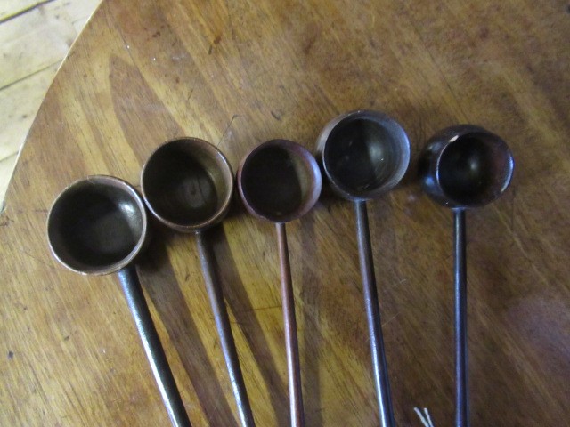 FIVE 19TH CENTURY TREEN TODDY LADLES each with rounded bowl and protruding lip, three with rounded Image