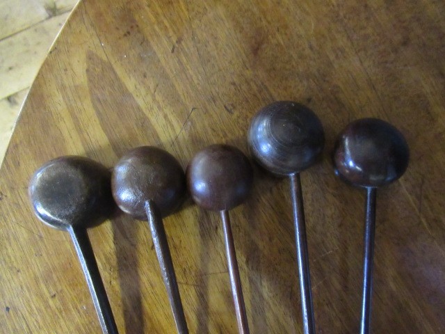 FIVE 19TH CENTURY TREEN TODDY LADLES each with rounded bowl and protruding lip, three with rounded Image