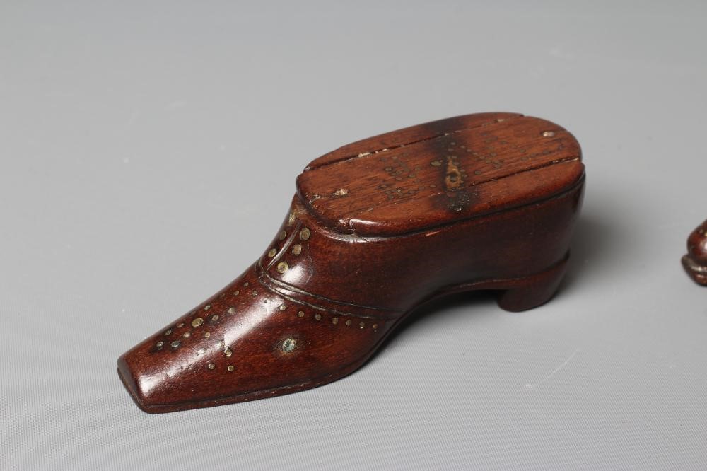 THREE 19TH CENTURY TREEN MINIATURE SHOE AND BOOT SNUFF BOXES Image