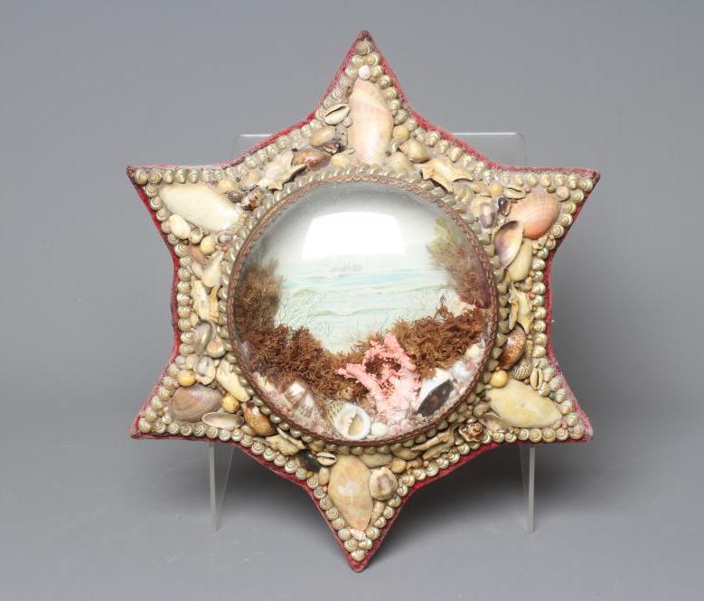 A LATE VICTORIAN SHELLWORK 'STARFISH' MARITIME DIORAMA, with central print depicting a clipper at Image