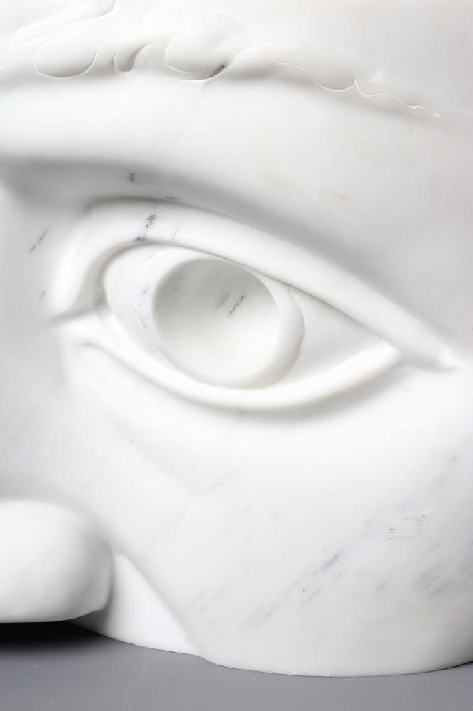A ROMAN STYLE CONCAVE WHITE MARBLE SCULPTURE, in the form of a fragment of a face, with incised leaf Image