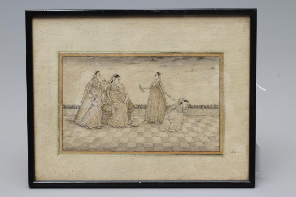 MOGHUL SCHOOL (19th century) Young Women with Birds on a Terrace, ink, pencil, heightened with white Image