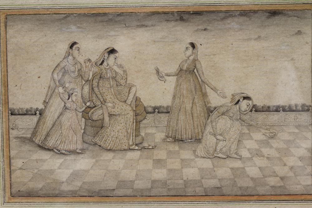 MOGHUL SCHOOL (19th century) Young Women with Birds on a Terrace, ink, pencil, heightened with white Image