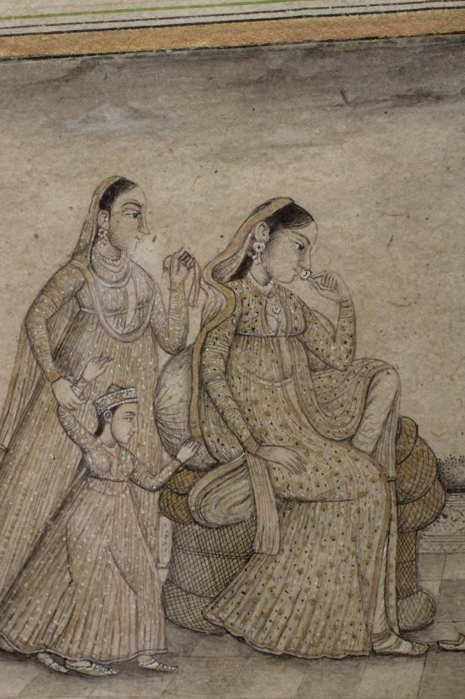 MOGHUL SCHOOL (19th century) Young Women with Birds on a Terrace, ink, pencil, heightened with white Image