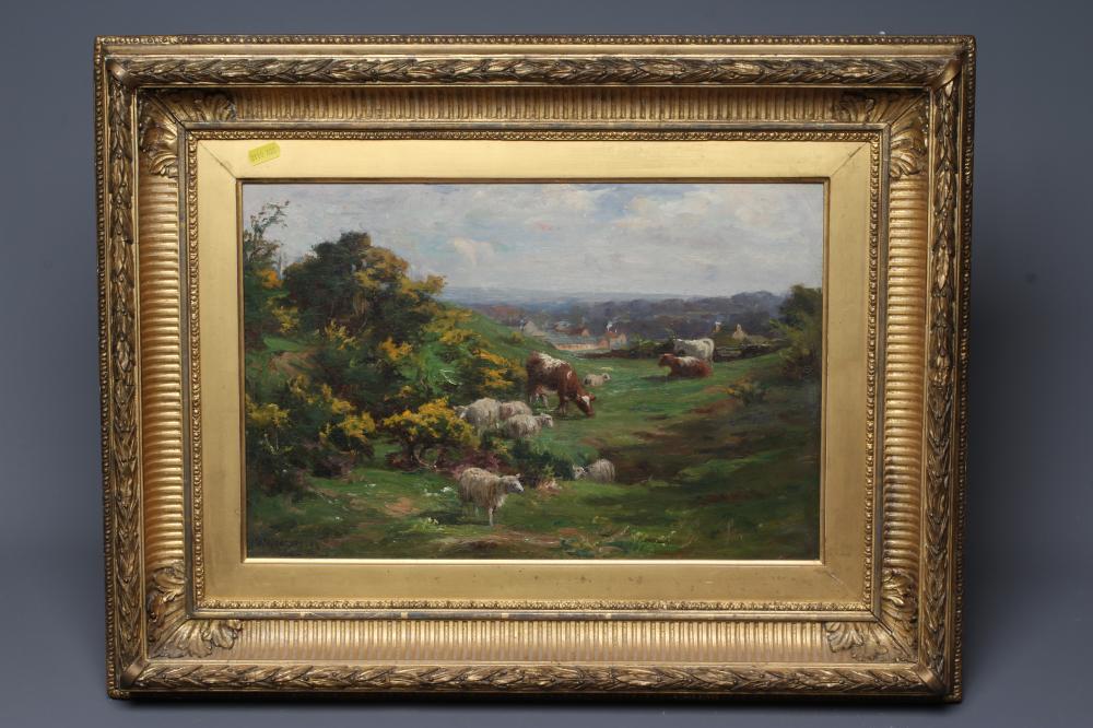 WILLIAM GREAVES (1852-1938) Cattle and Sheep Grazing, signed lower left, oil on canvas, 12" x 18", Image