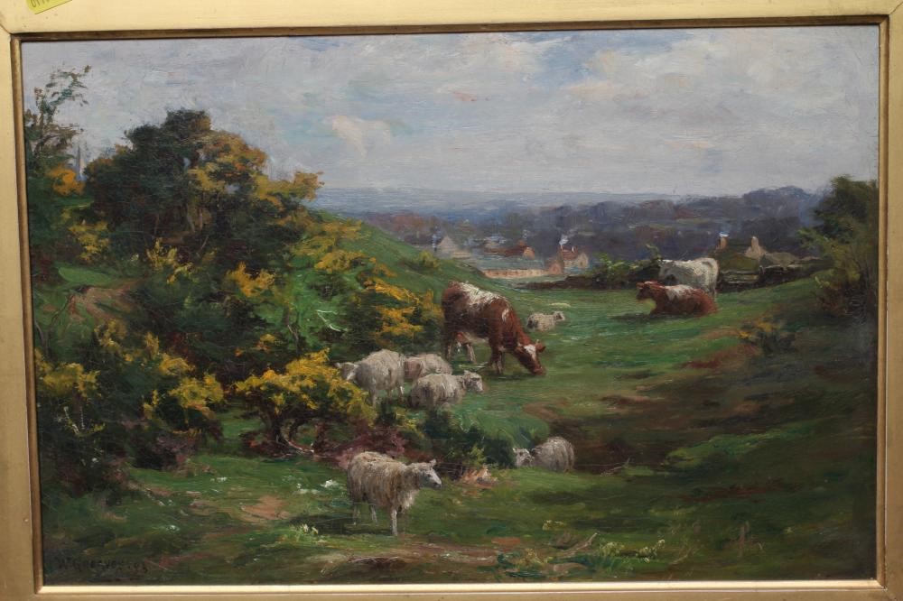 WILLIAM GREAVES (1852-1938) Cattle and Sheep Grazing, signed lower left, oil on canvas, 12" x 18", Image
