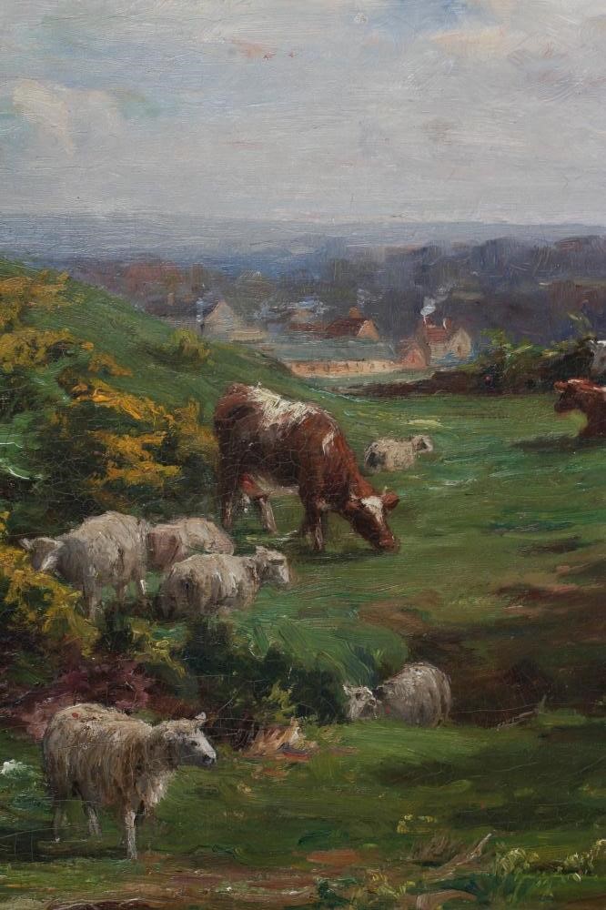 WILLIAM GREAVES (1852-1938) Cattle and Sheep Grazing, signed lower left, oil on canvas, 12" x 18", Image