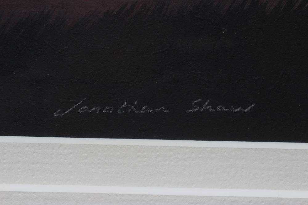 JONATHAN SHAW (b.1959) African Landscape at Dusk, signed lower right, oil on board, 8 1/2" x 23", Image