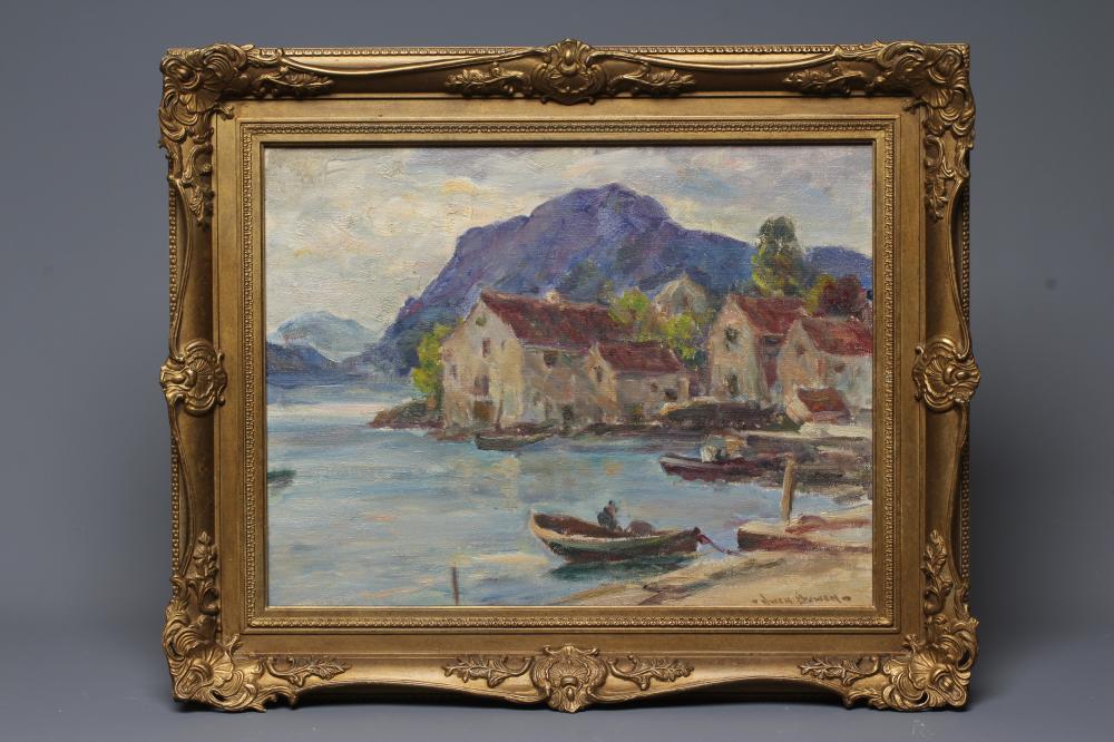 OWEN BOWEN (1873-1967) Harbour Scene, signed lower right, oil on board, 14" x 18", modern gilt swept Image