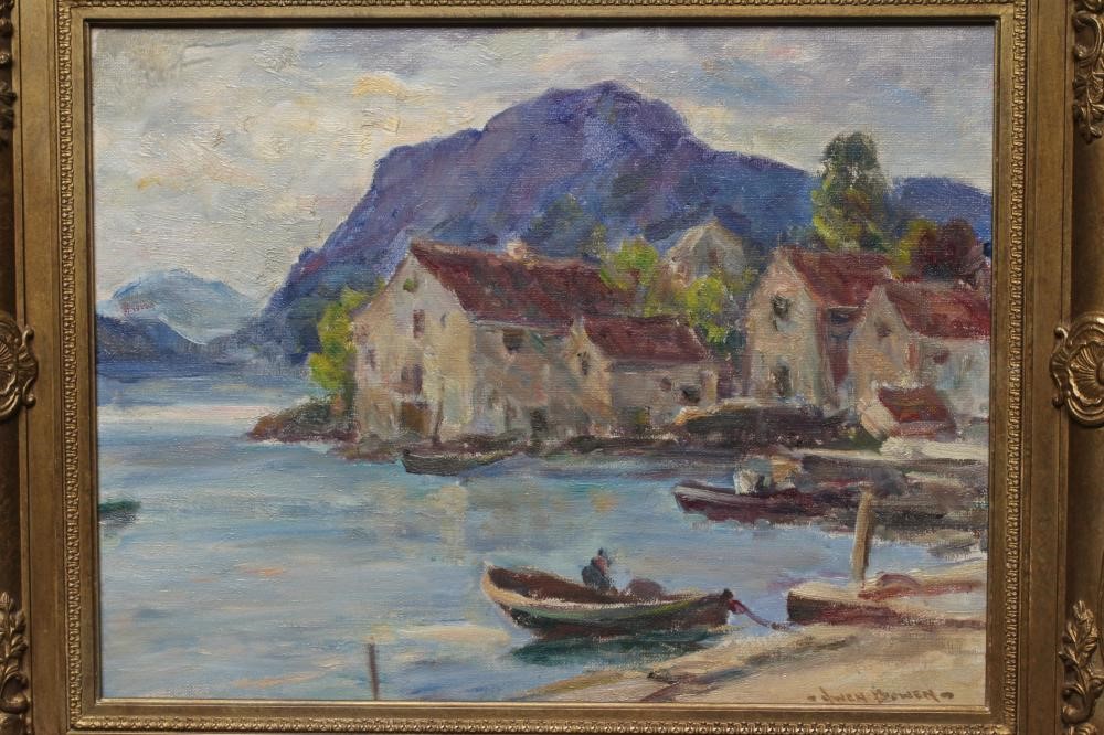 OWEN BOWEN (1873-1967) Harbour Scene, signed lower right, oil on board, 14" x 18", modern gilt swept Image