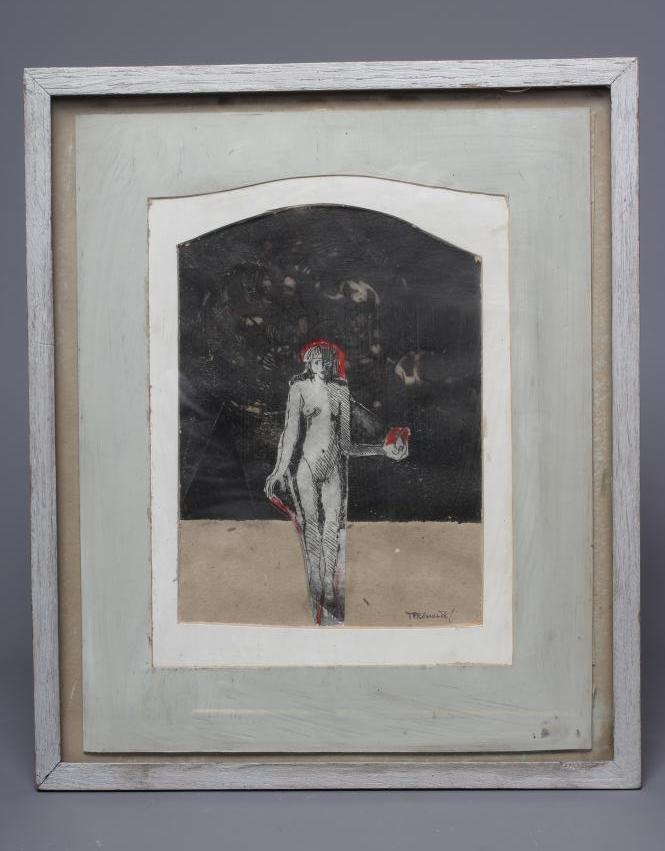 TREVOR EDMANDS (b.1936) Woman with Pear, signed lower right, etching montage, 8 1/2" x 6 1/4", Image