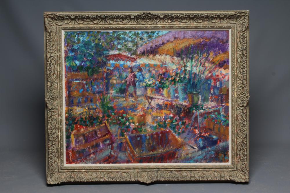 JOHN MACKIE (b.1953) Market Carcassonne, signed lower left, inscribed with title verso, oil on Image