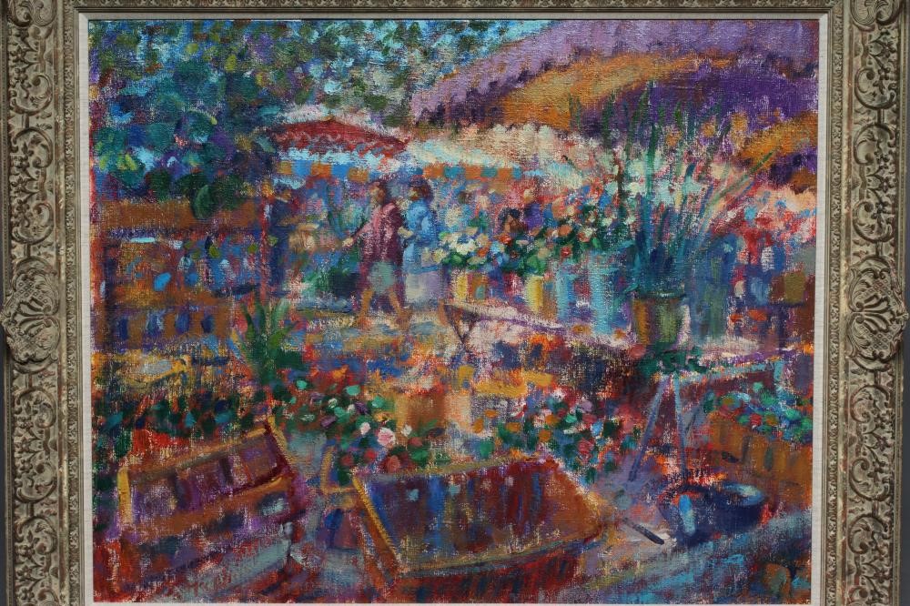 JOHN MACKIE (b.1953) Market Carcassonne, signed lower left, inscribed with title verso, oil on Image