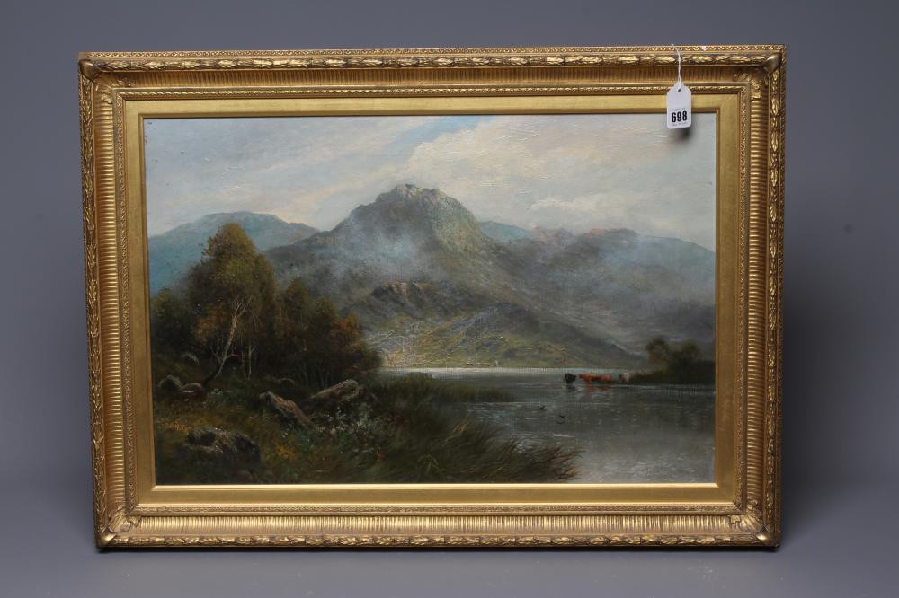 WILLIAM LANGLEY (act.1880-1920) View of a Scottish Loch, signed lower left, oil on canvas, 16" x Image