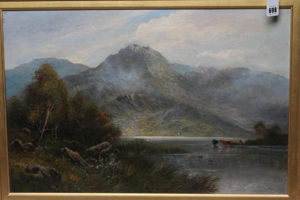 WILLIAM LANGLEY (act.1880-1920) View of a Scottish Loch, signed lower left, oil on canvas, 16" x Image