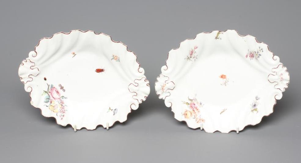 TWO RED ANCHOR PERIOD CHELSEA PORCELAIN SILVER SHAPED DISHES, c.1755, each painted in polychrome Image