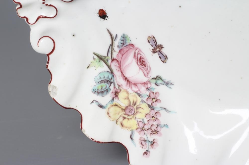 TWO RED ANCHOR PERIOD CHELSEA PORCELAIN SILVER SHAPED DISHES, c.1755, each painted in polychrome Image