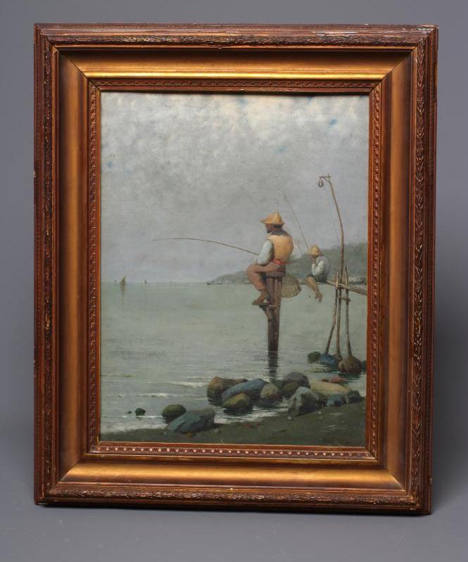 PASQUALE RUGGIERO (1851-1916) Fishing off a Pole, signed lower right, oil on canvas, 13 3/4" x 10 Image