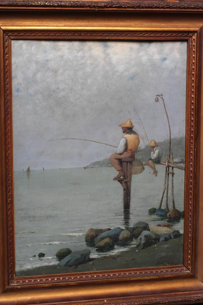 PASQUALE RUGGIERO (1851-1916) Fishing off a Pole, signed lower right, oil on canvas, 13 3/4" x 10 Image