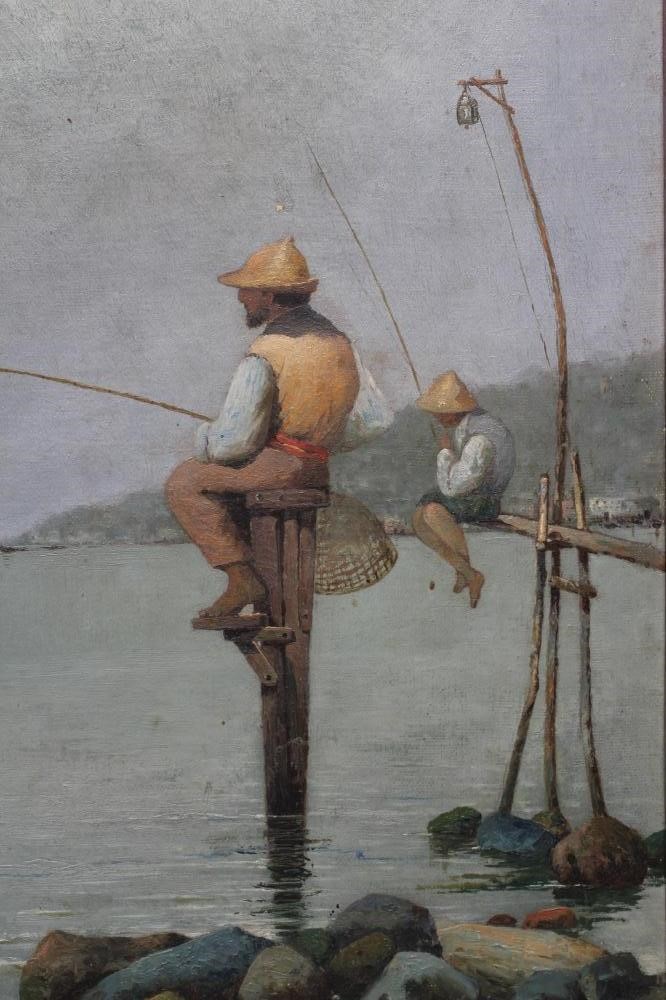 PASQUALE RUGGIERO (1851-1916) Fishing off a Pole, signed lower right, oil on canvas, 13 3/4" x 10 Image