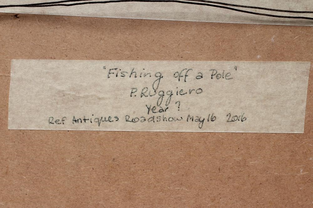 PASQUALE RUGGIERO (1851-1916) Fishing off a Pole, signed lower right, oil on canvas, 13 3/4" x 10 Image