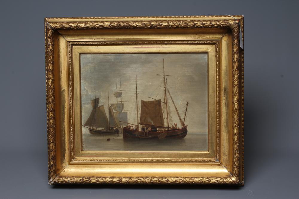 CONTINENTAL SCHOOL (19th Century) Fishing Boats on a Calm Sea, oil on canvas laid on board, 11" x Image